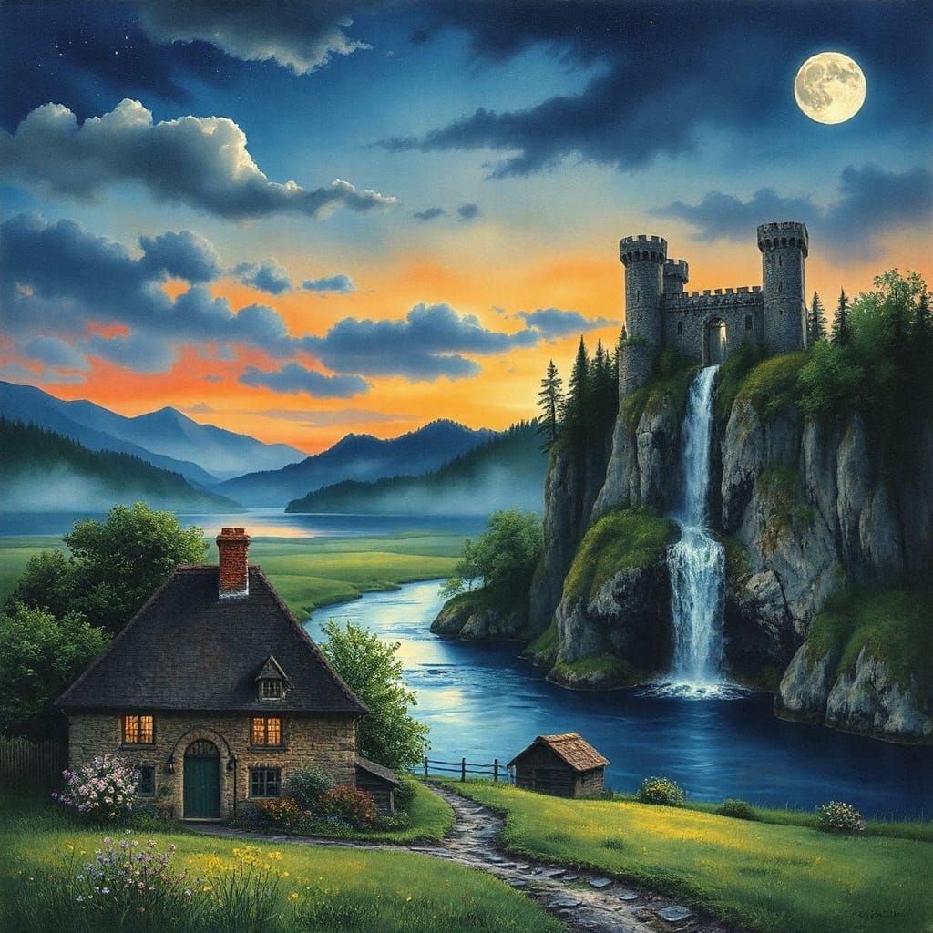 Expressionist Cottage Under Velvet Twilight Sky