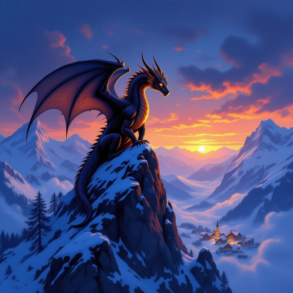 Ancient Obsidian Dragon Over Snowy Alps At Twilight