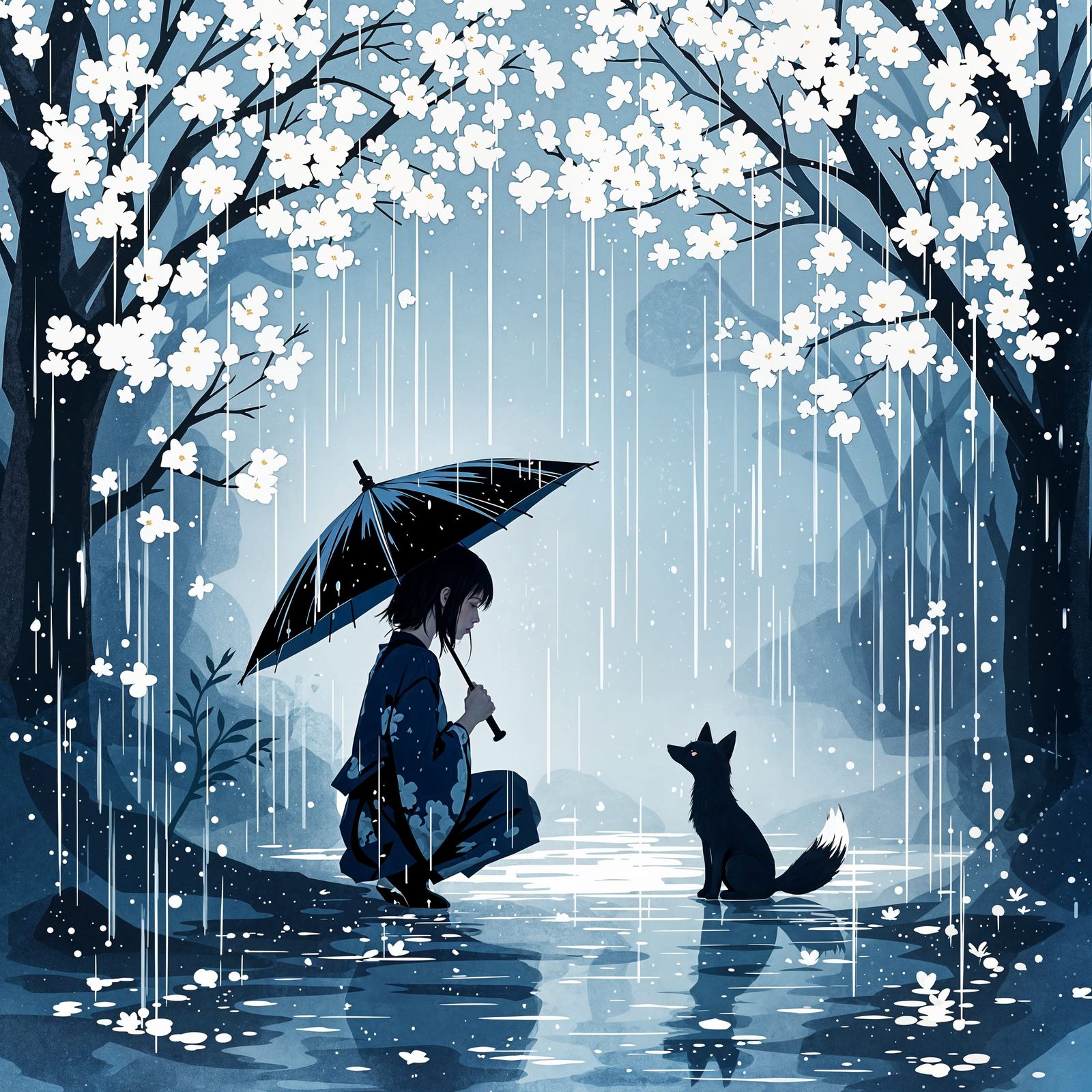 Surreal Rainy Garden Encounter in Stylized Painterly Style