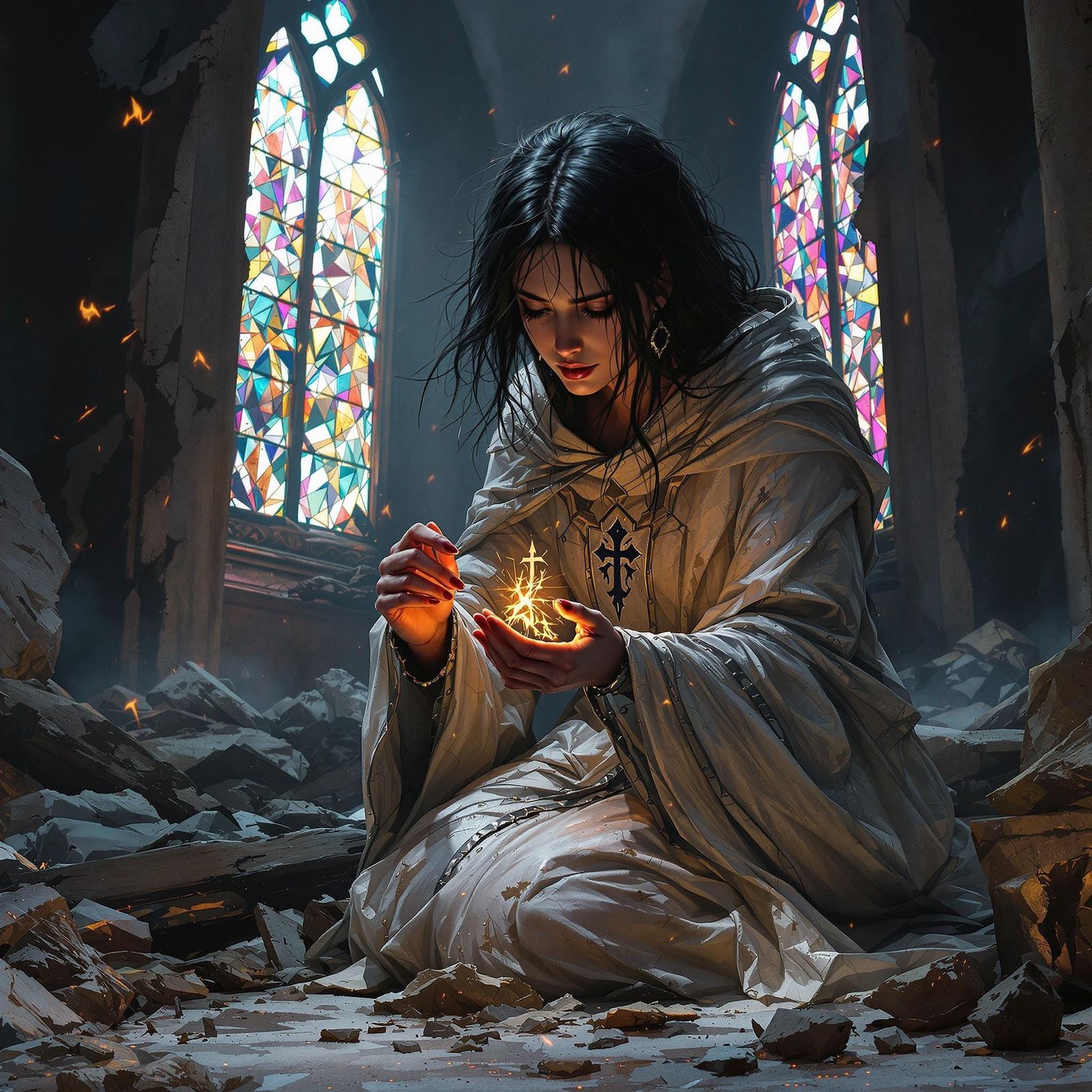 Sorrowful Cleric Woman in Ruins of Shattered Cathedral