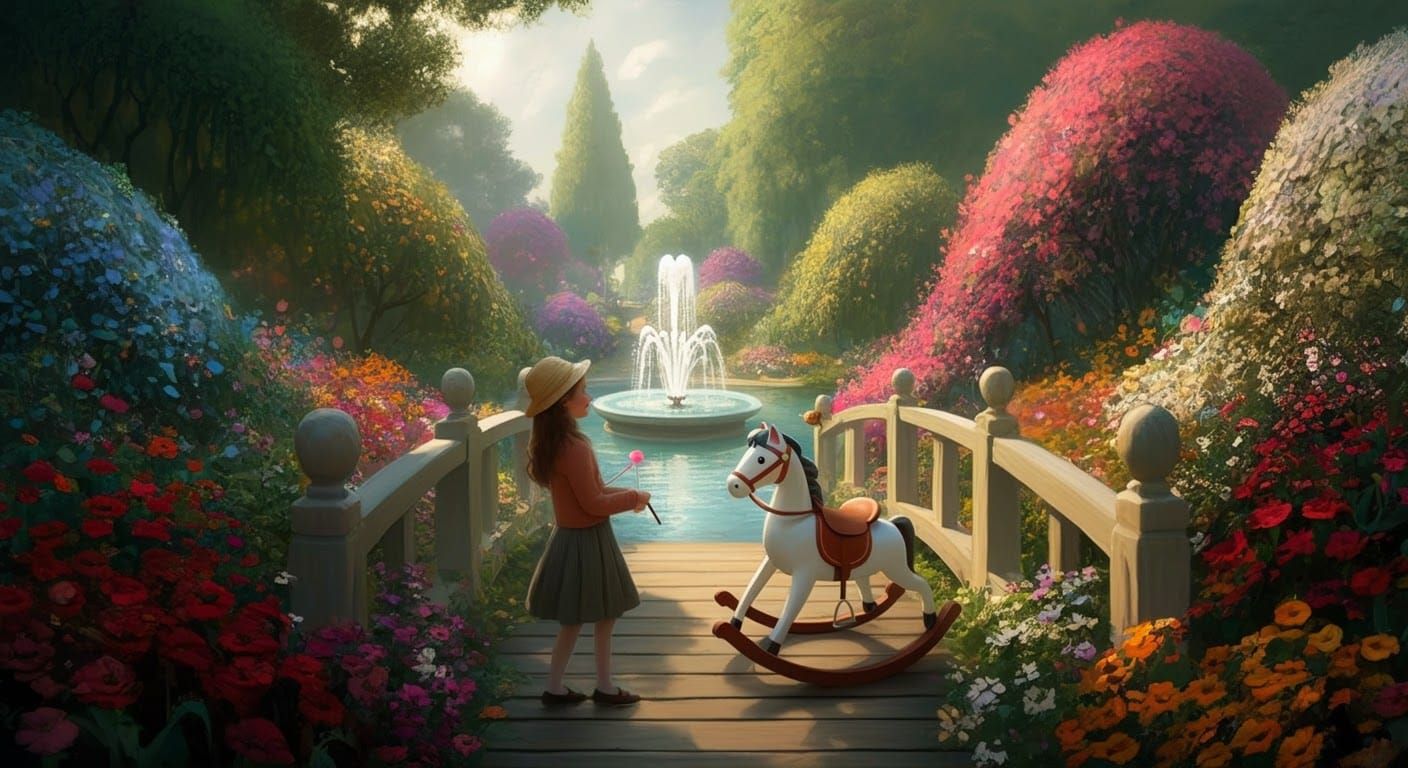 Whimsical Rocking Horse People Feast by Fountain