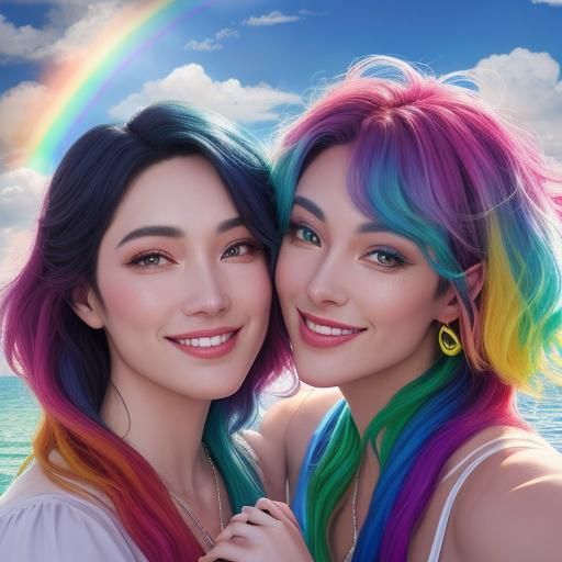 Heartwarming Surreal Portrait of Two Men Under Rainbow Sky