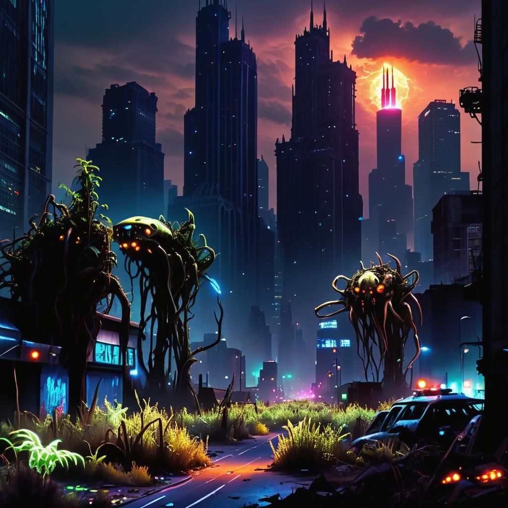 Apocalyptic Chicago Skyline with Bioluminescent Flora