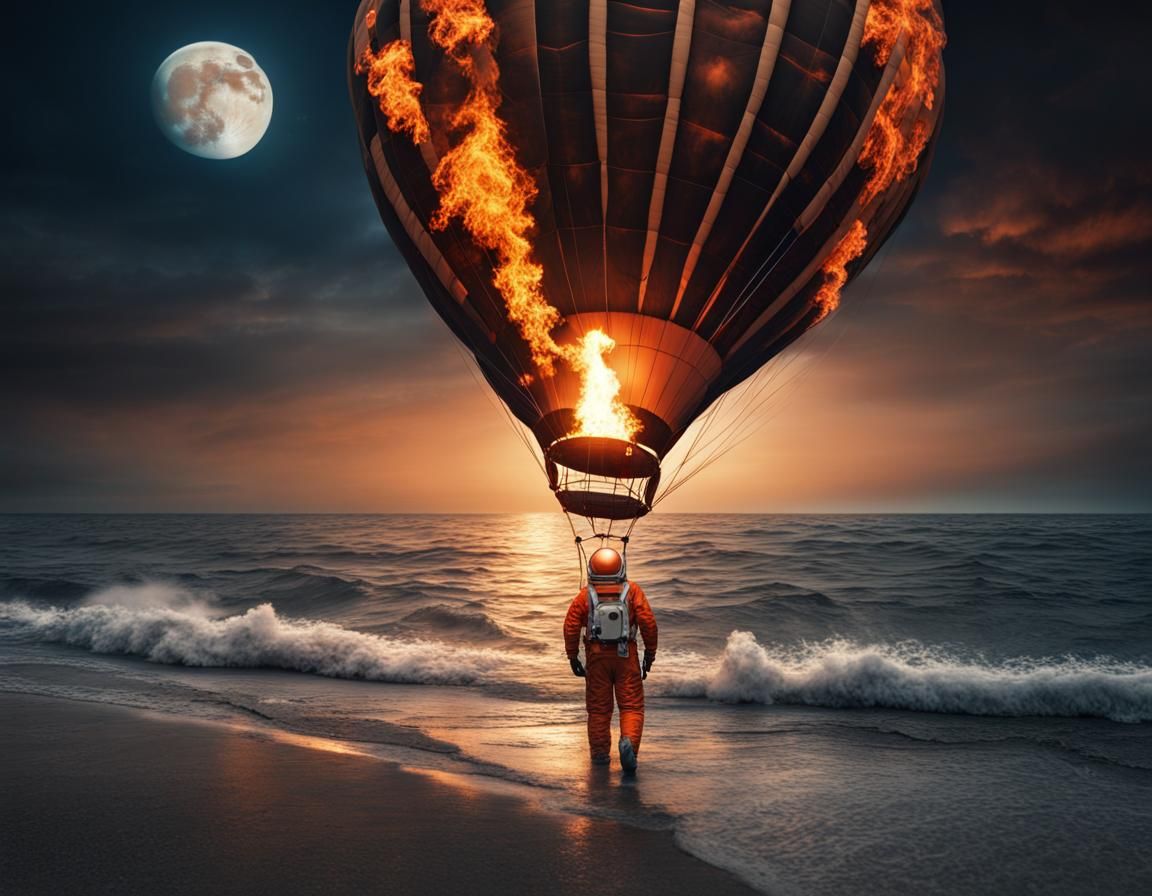 Surreal Scene with Burning Balloon and Falling Moon