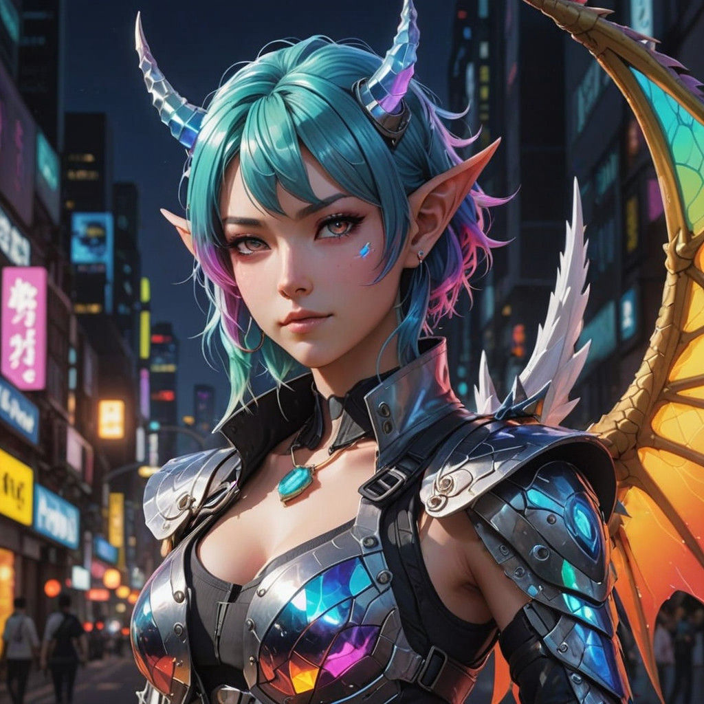 Cyberpunk Warrior-Monk Dragon Girl in Vibrant Anime Style