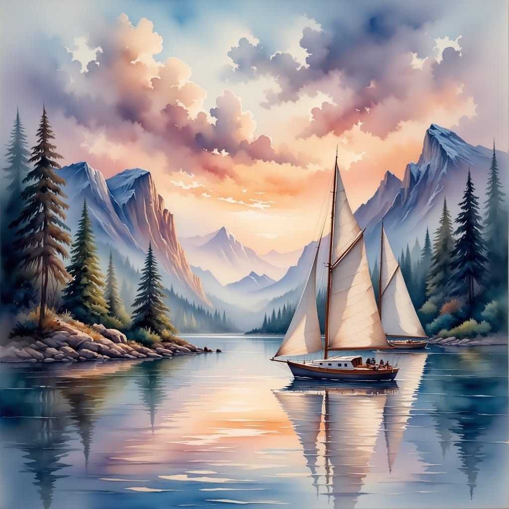 Sailboats on Mountain Lake at Sunset in Watercolor Style