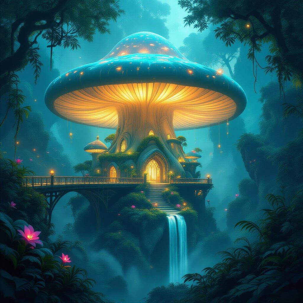 Bioluminescent Elven City on Giant Mushroom