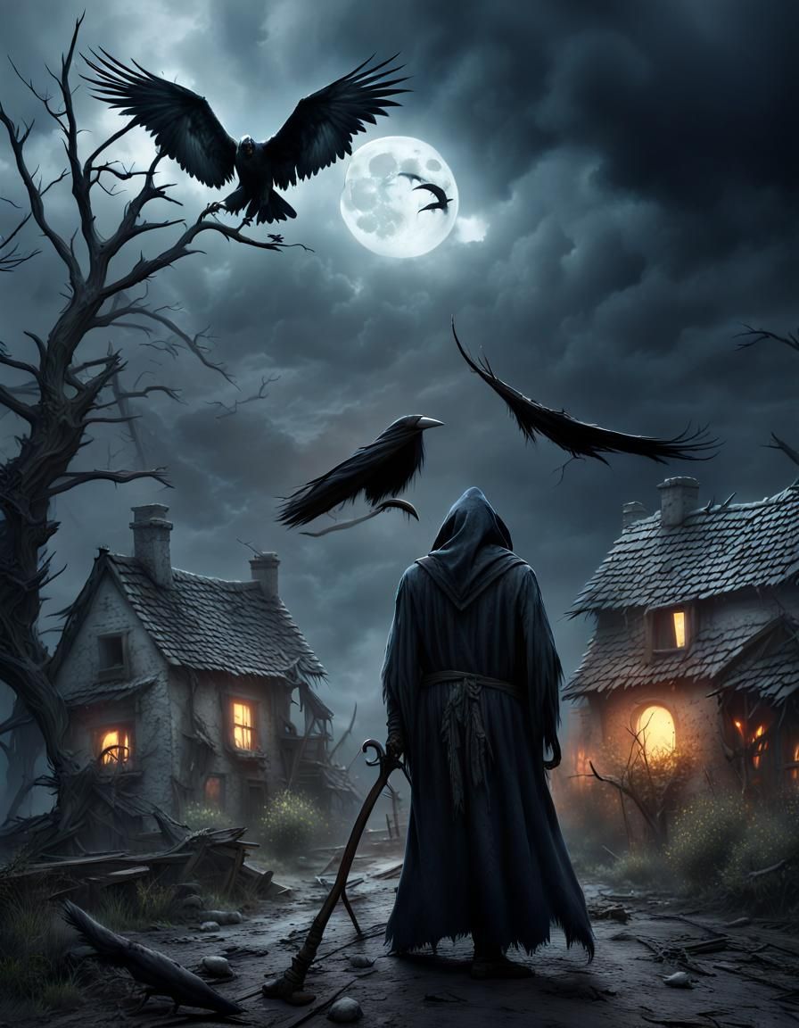 Creepy Village With Reaper, Crows, and Storm