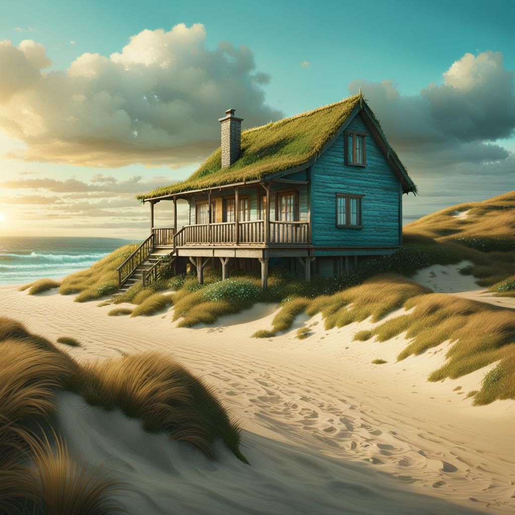 Picturesque Cottage Overlooking Sandy Beach in Digital Paint...