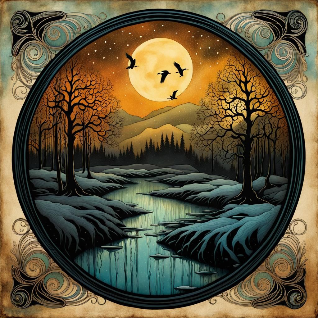 Art Nouveau Winter Birds Masterpiece