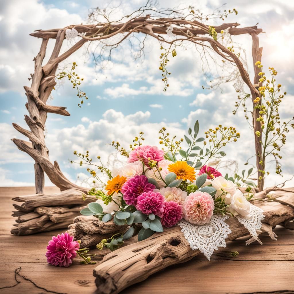 Colorful Floral Still Life with Driftwood