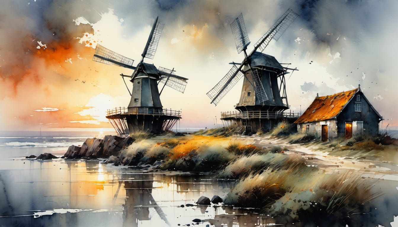 Earth-Toned Dutch Windmill Amidst Seaside Sunset