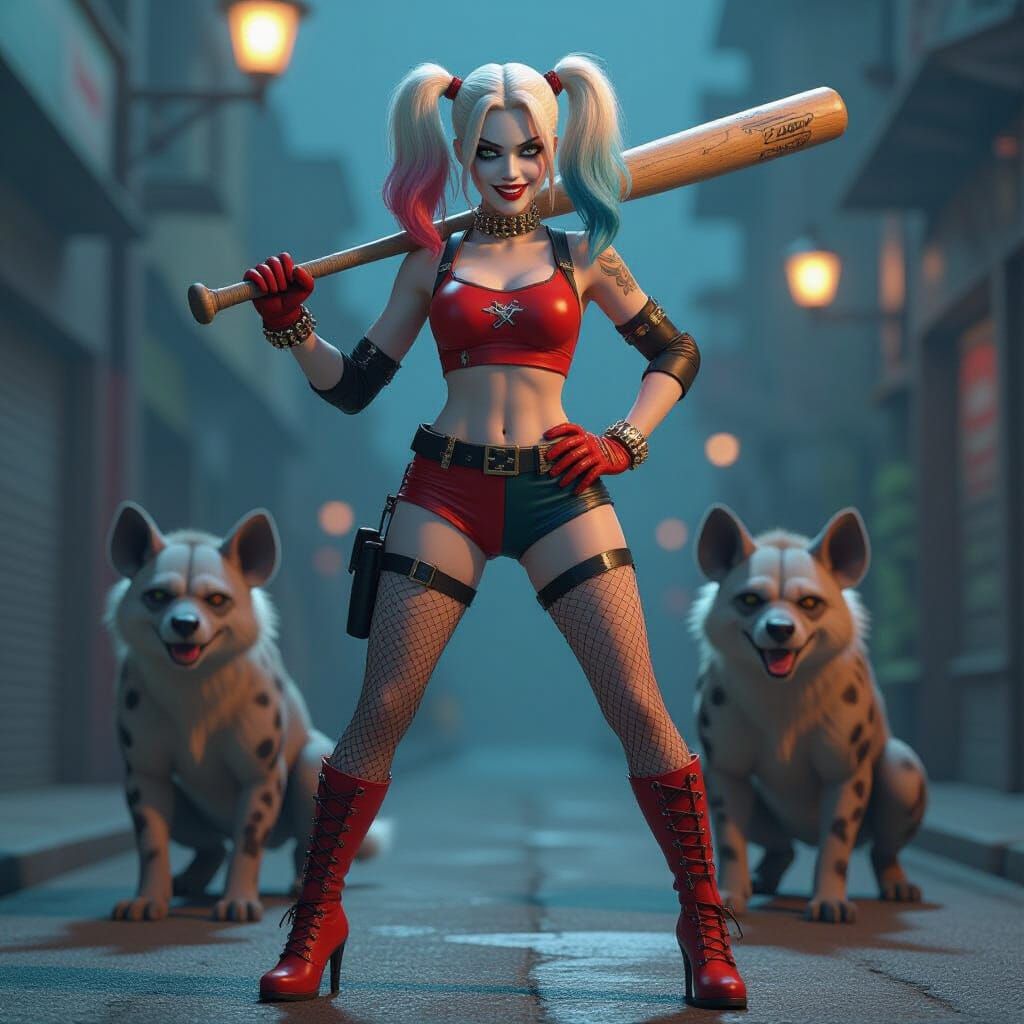 Harley Quinn with Hyenas in 3D Game Cinematic Style