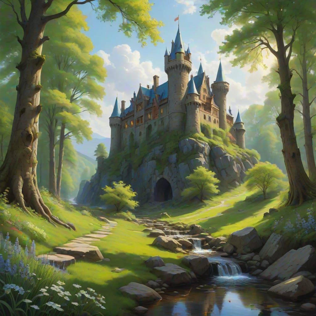 Medieval Castle in Vibrant Spring Forest Landscape