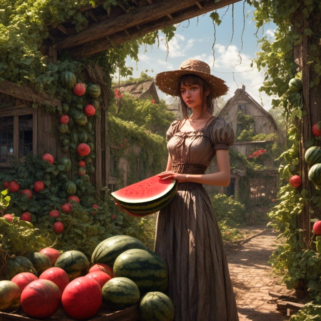 Southern Woman in Ethereal Garden with Watermelon
