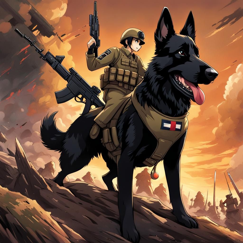 Poogle Dog Riding German Shepherd in Anime Style