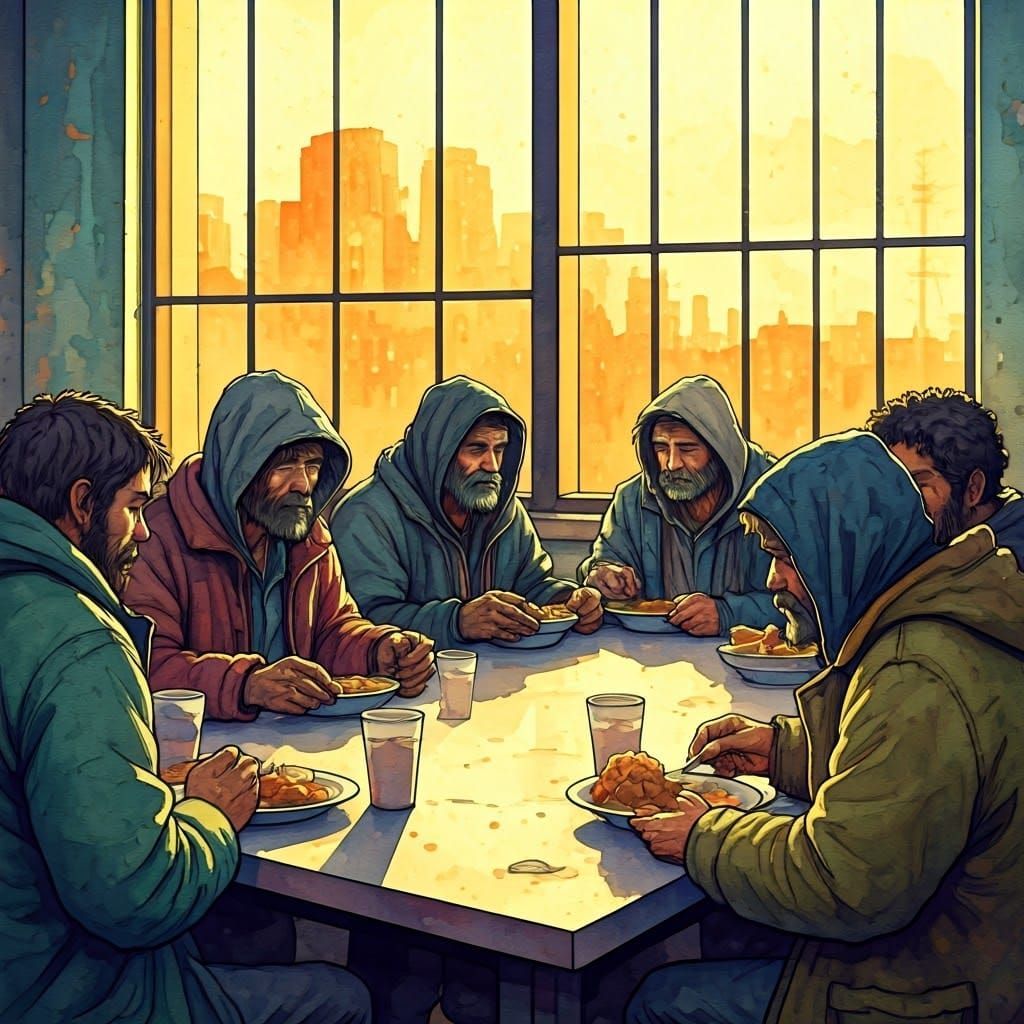 Heartwarming Soup Kitchen Scene in Watercolor Style