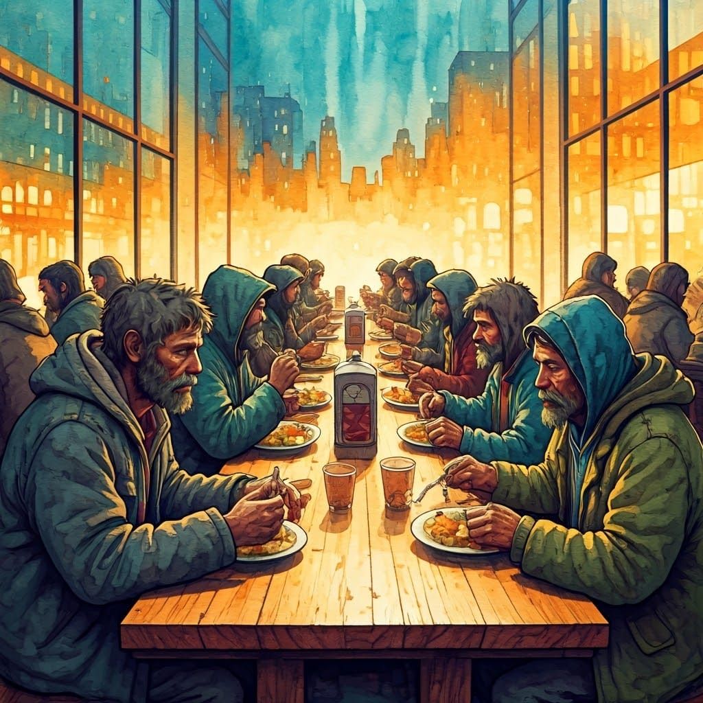 Soup Kitchen Meal in Watercolor and Ink Style