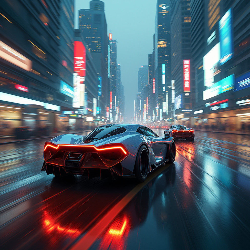 Futuristic Cityscape with Neon Cars in Cyberpunk Style