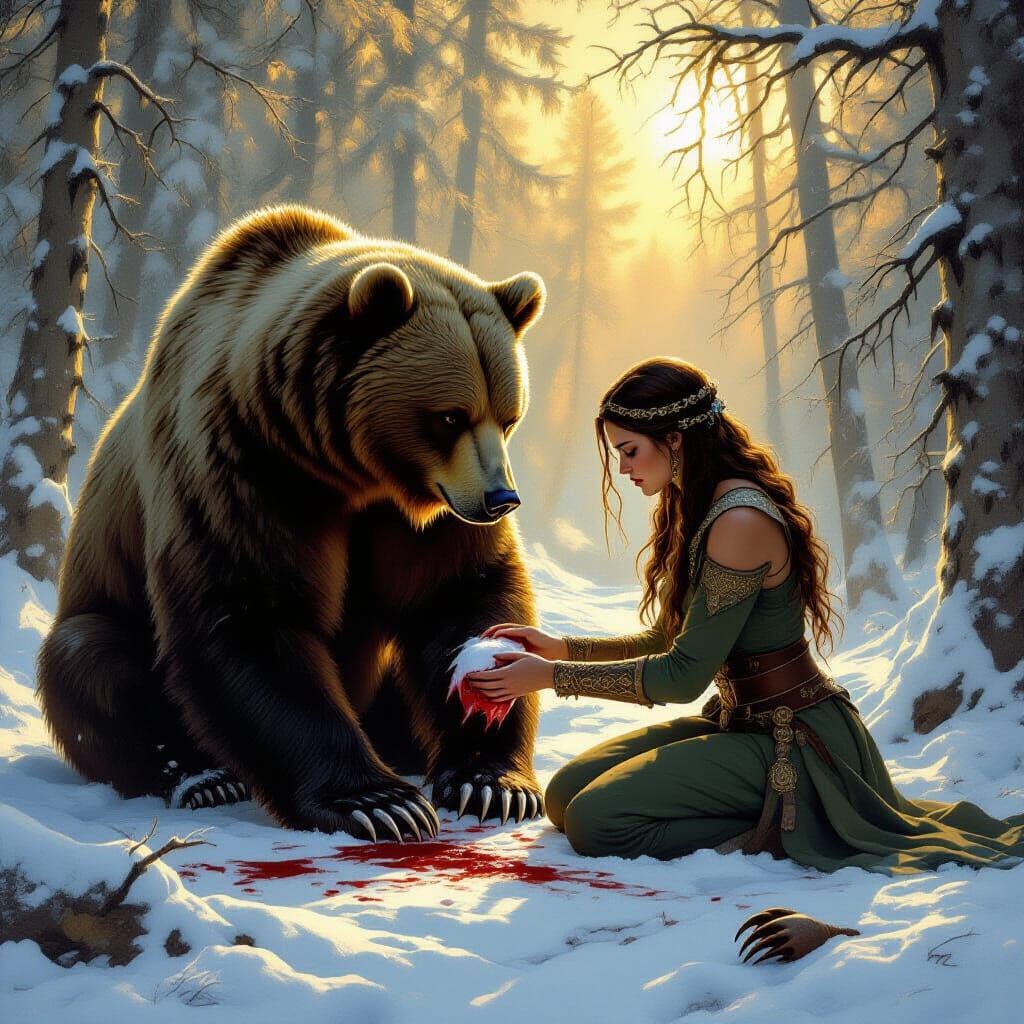 Norse Sorceress Tends Bear's Paw in Dark Fantasy Style