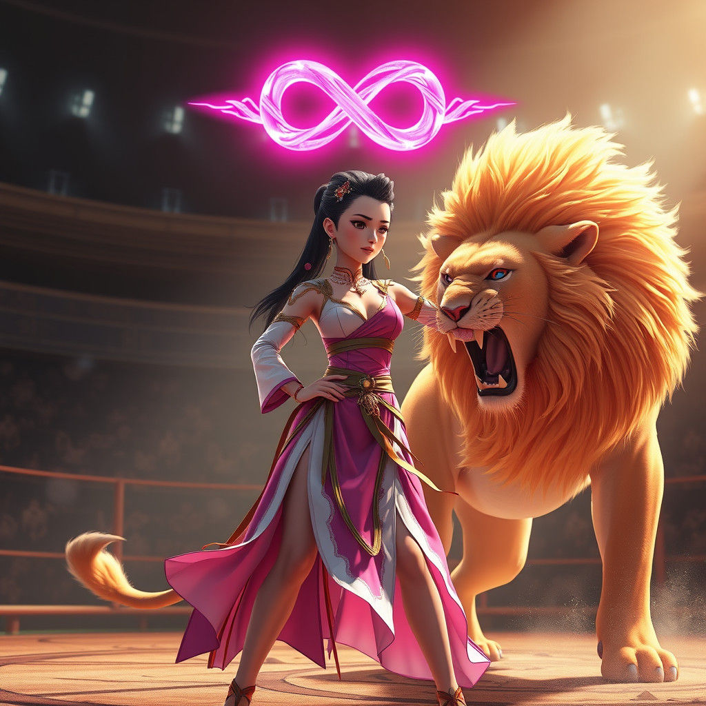 Lion Tamer's Pink Battle: 3D Anime Art