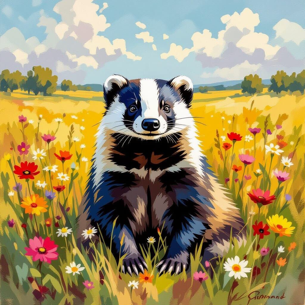 American Badger in Wildflowers, Gouache Impressionist Style