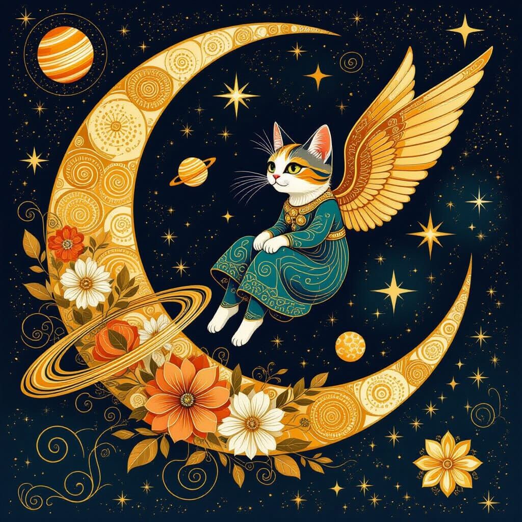 Anthropomorphic Cats Fly Past Cosmic Flowers on Moon