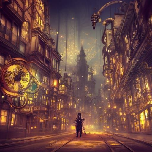 Steampunk City Double Exposure with Fantasy Flowers