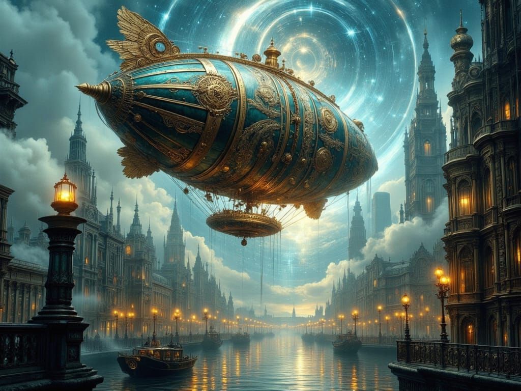 Steampunk Zeppelin Near Iridescent Vortex