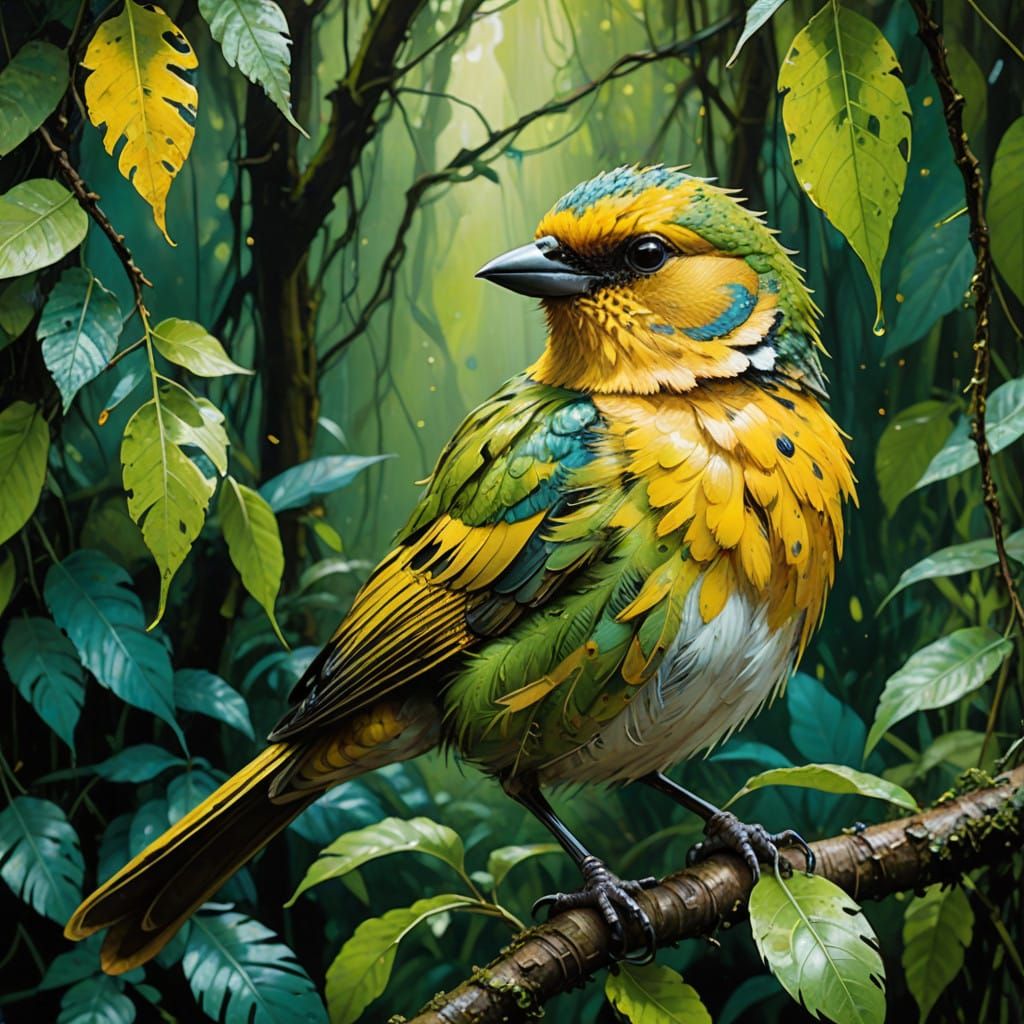 Vibrant Yellow Bird in Lush Rainforest