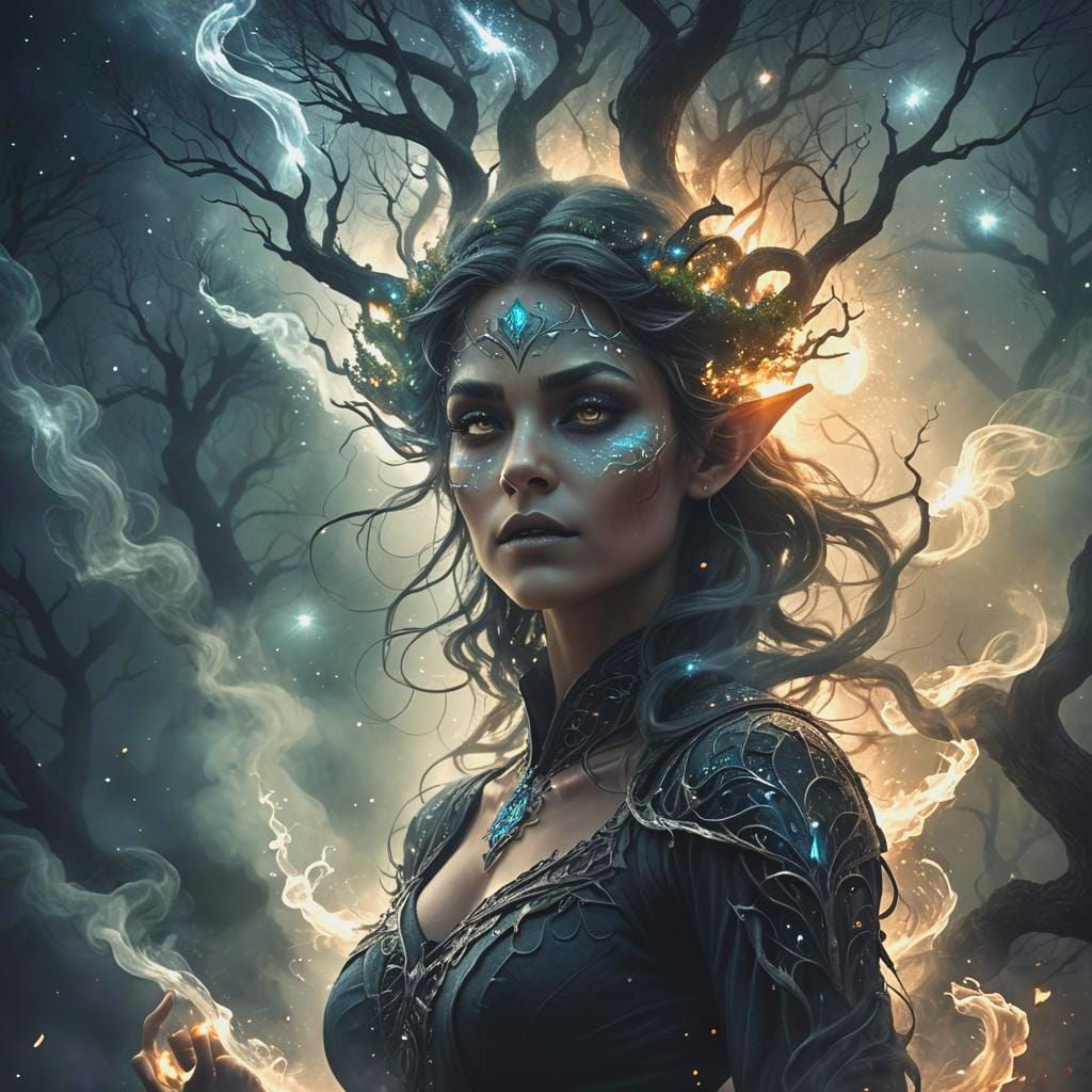 Magical Mountain Elf Woman Double Exposure