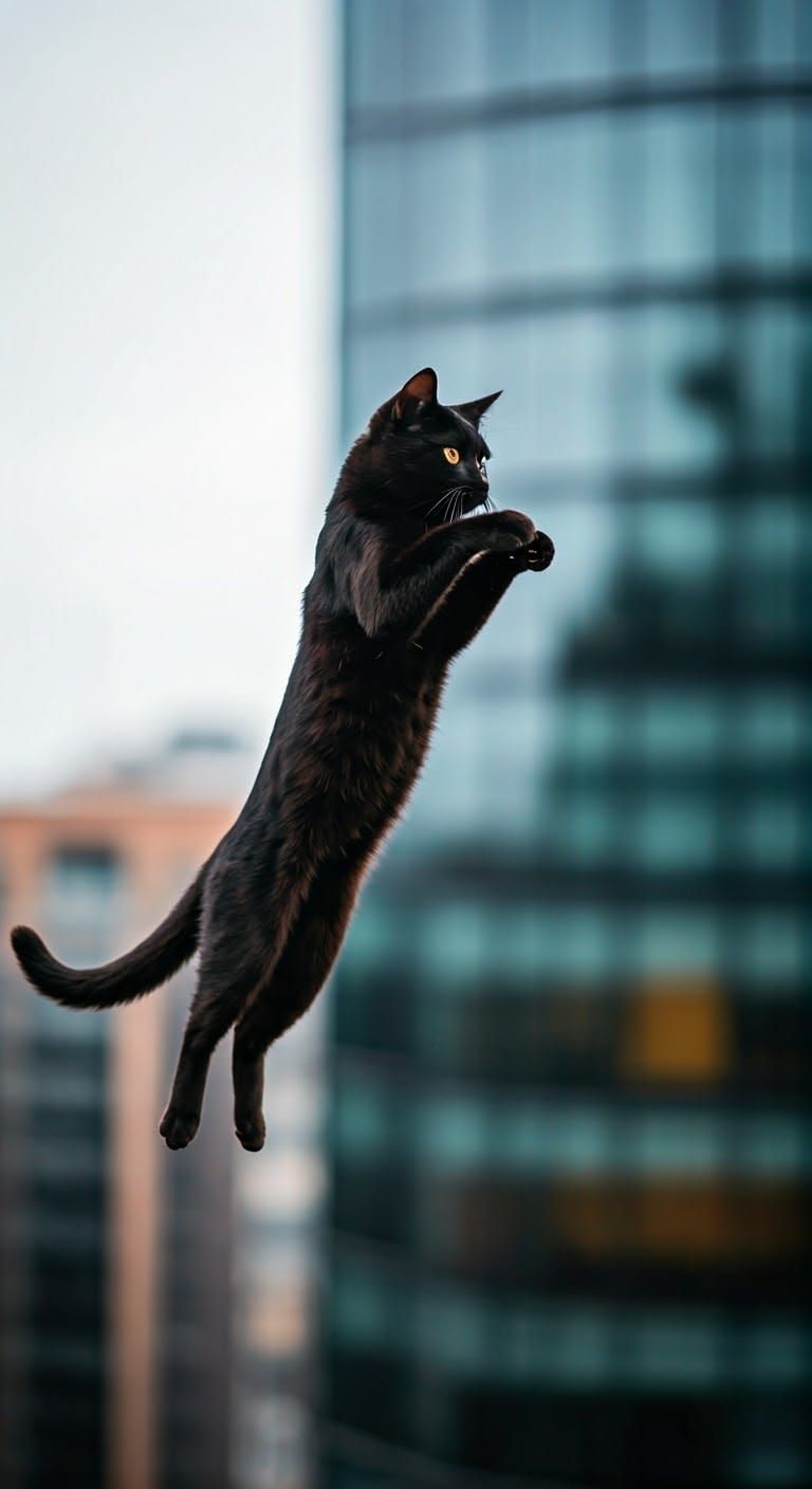 Sleek Black Cat in Mid-Air, Urban Cityscape