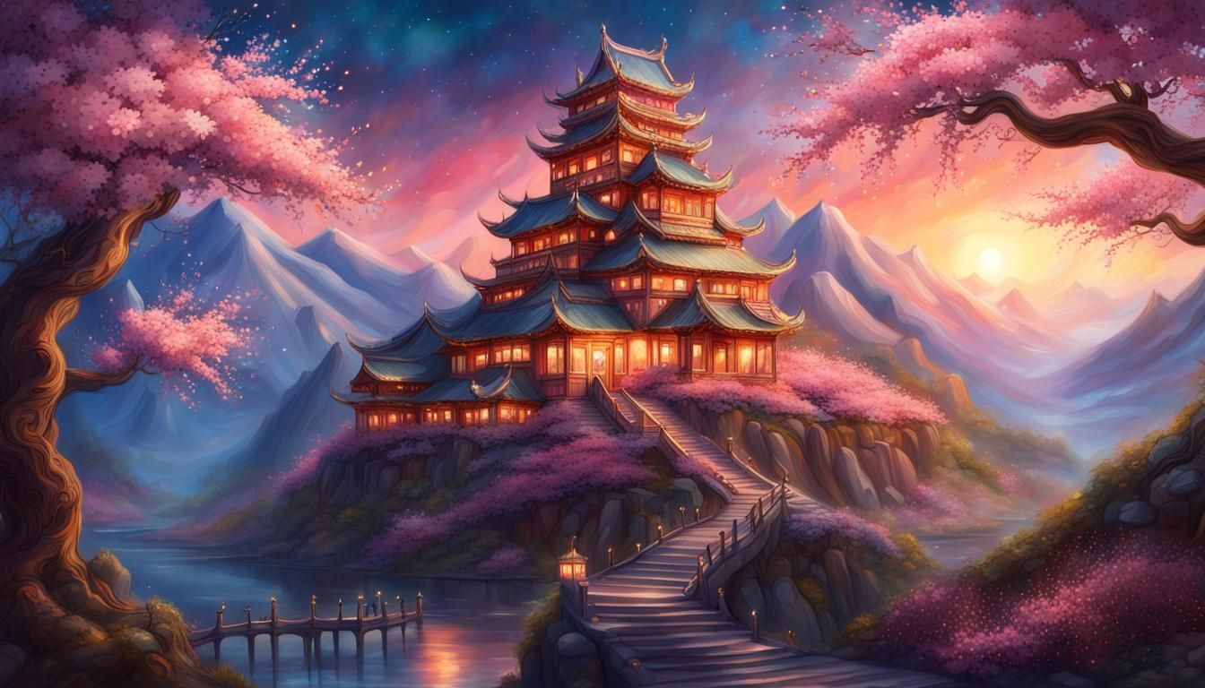 Fantasy Cherry Blossom Palace Painting at Sunset