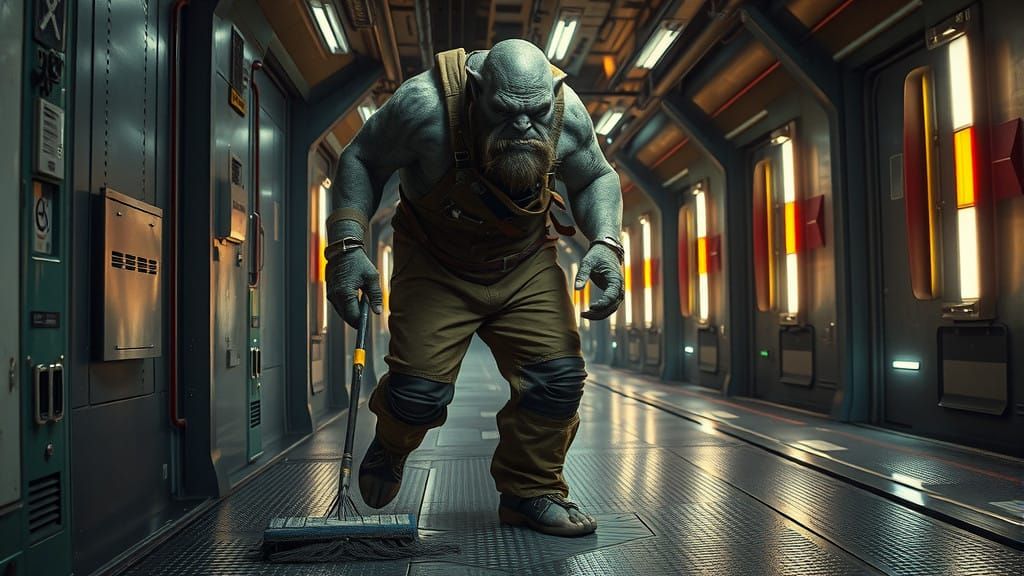 Gritty Space Station Scene: Orc Janitor in HDR