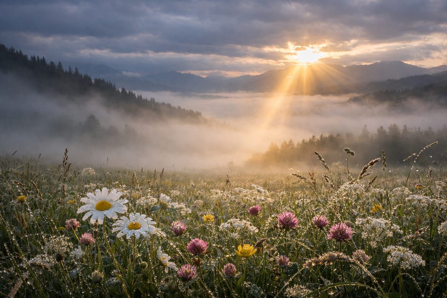 Realistic Misty Valley Sunrise with Sun Rays