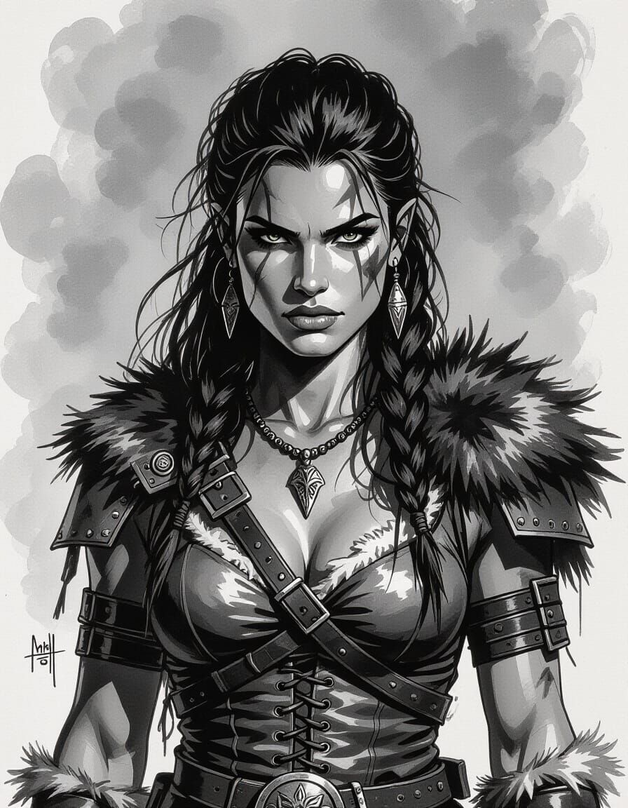 Female Barbarian Portrait in Black and White Ink