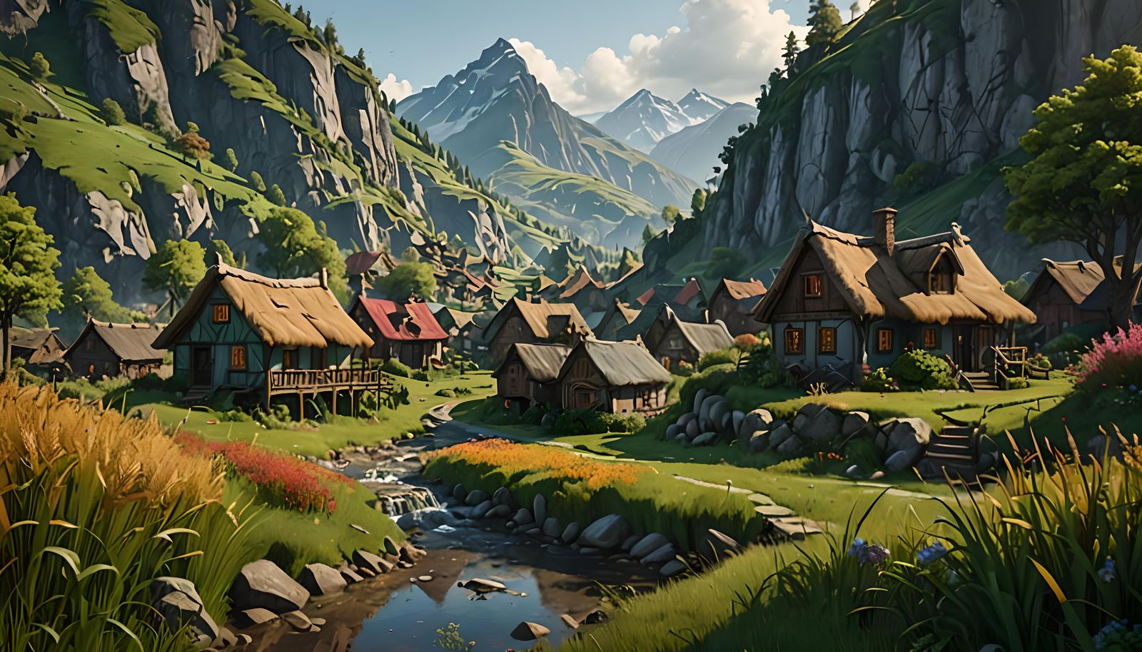 Colorful Valley Village Matte Painting