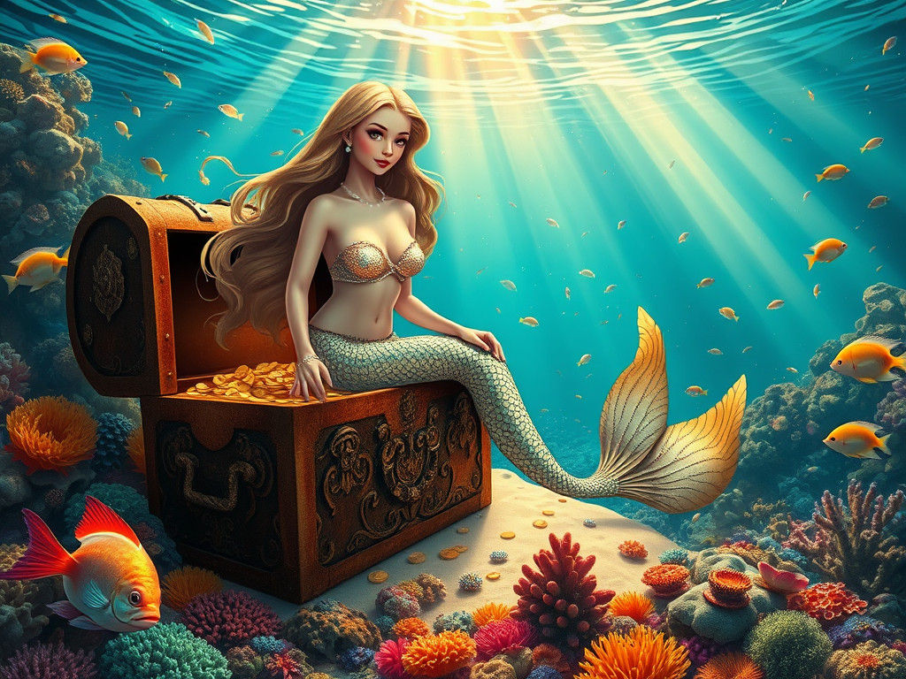 Mermaid with Treasure Chest Undersea Scene