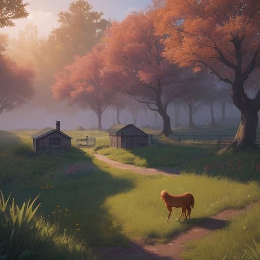 Whimsical Farm Scene with Horse and Chicken