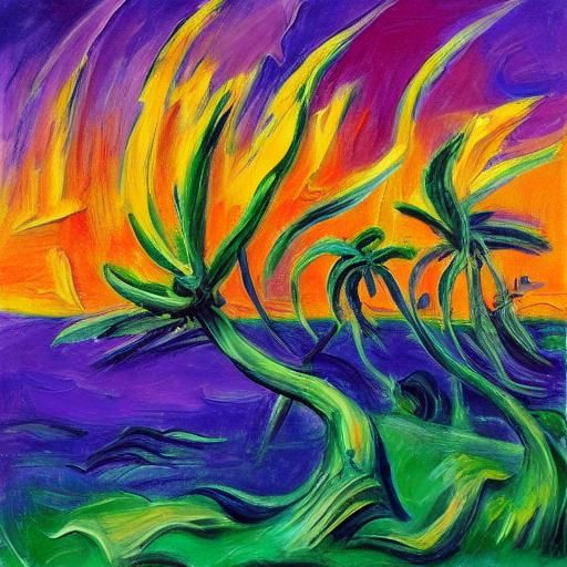 Palm Trees on Distant Planet in Expressionist Style