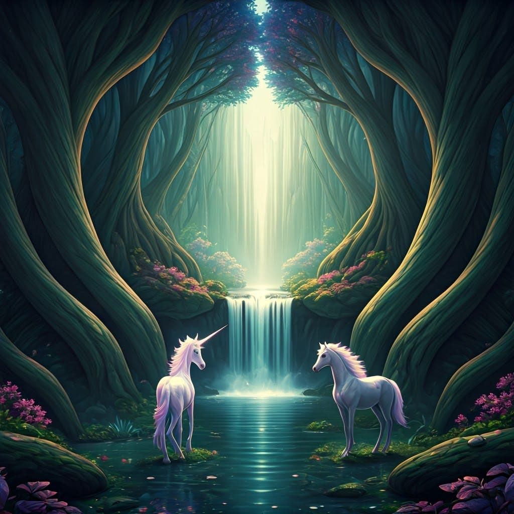 Luminous Unicorn, Fairy, and Pegasus in Dreamlike Forest