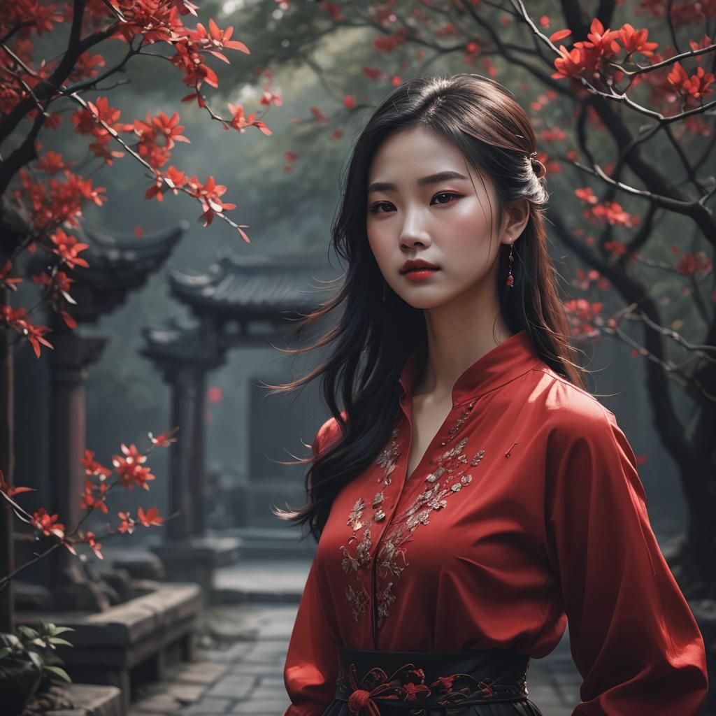 Chinese Girl in Red Blouse, Dreamy Composition