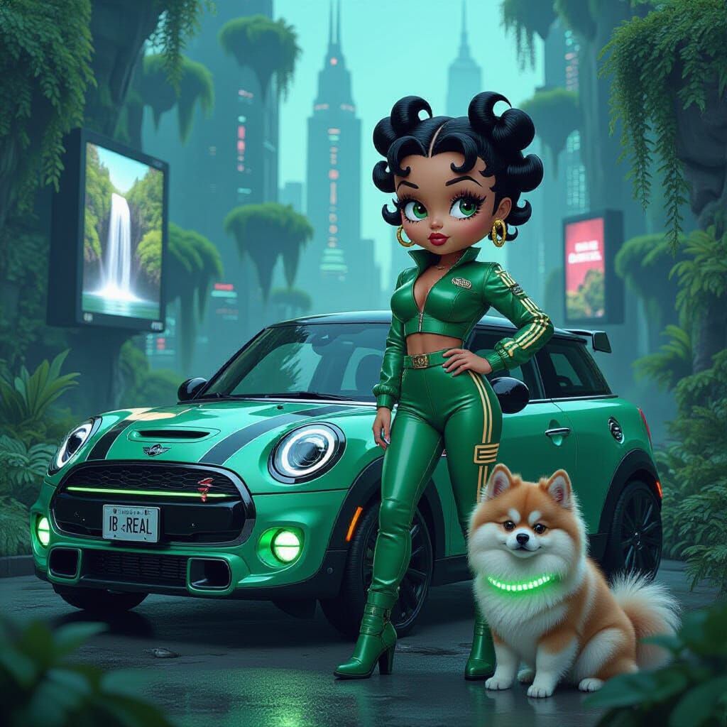 Cyberpunk Betty Boop with Futuristic Mini Cooper