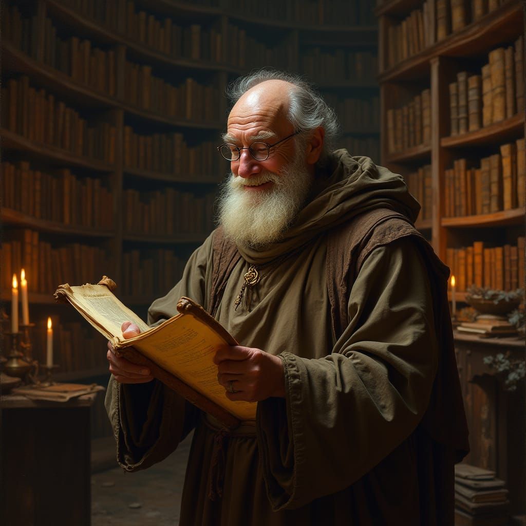 Ancient Monk Studies Mystical Scroll in a Vast, Candlelit Li...