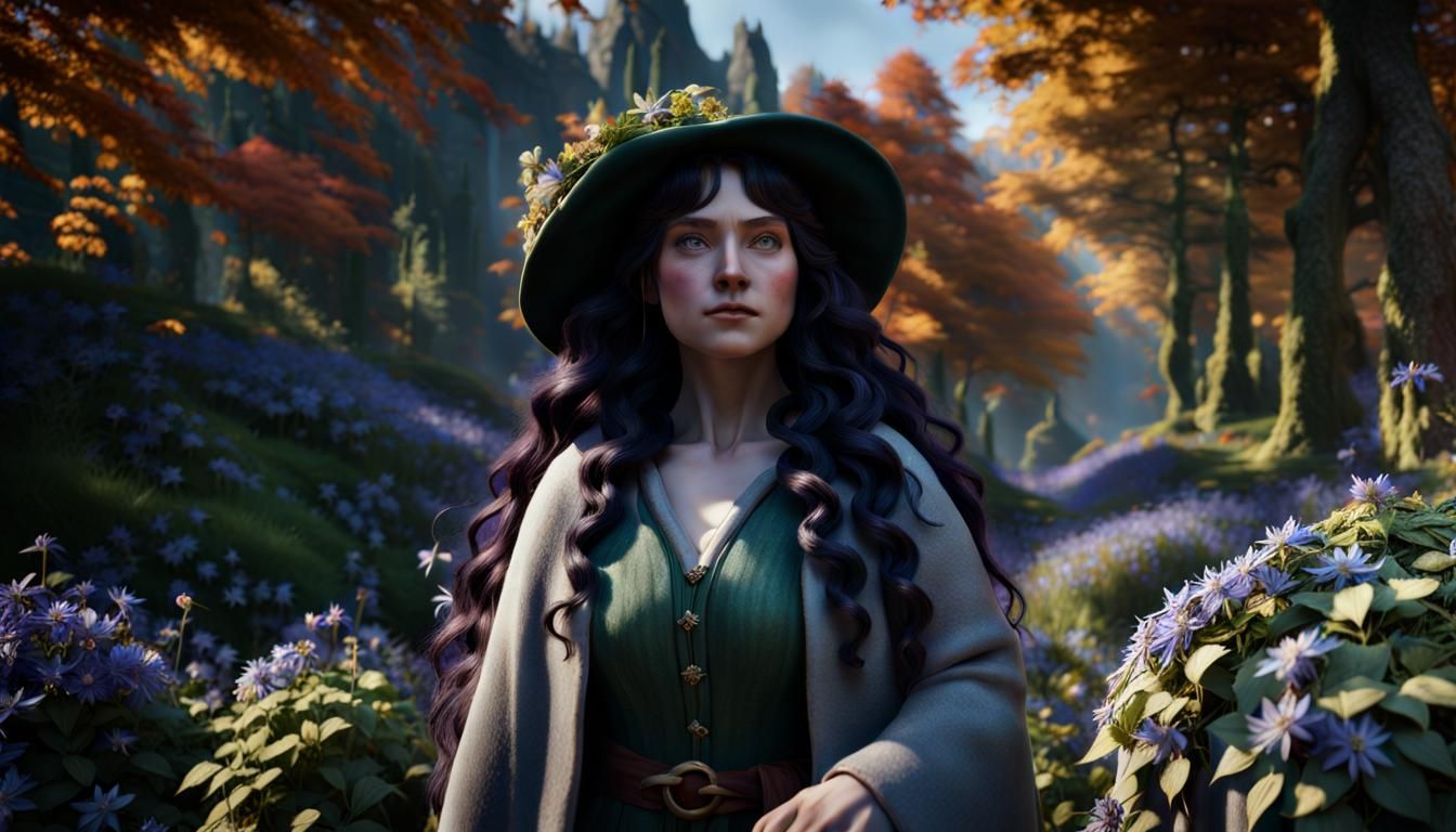 Hobbit Lady Surrounded by Autumn Flowers in Unreal Engine