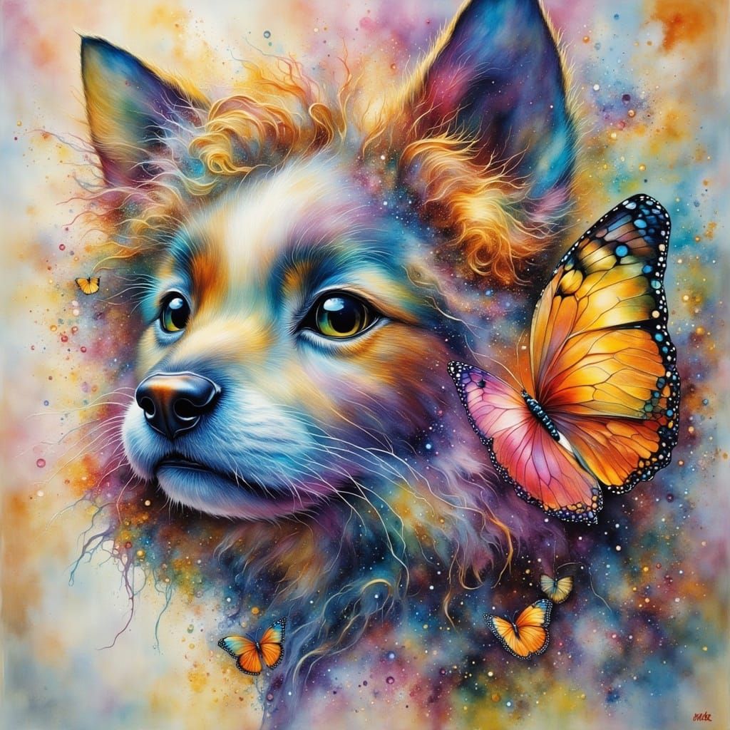 Mimosa Flowers in Dark Oil Paint Alcohol Watercolor Style