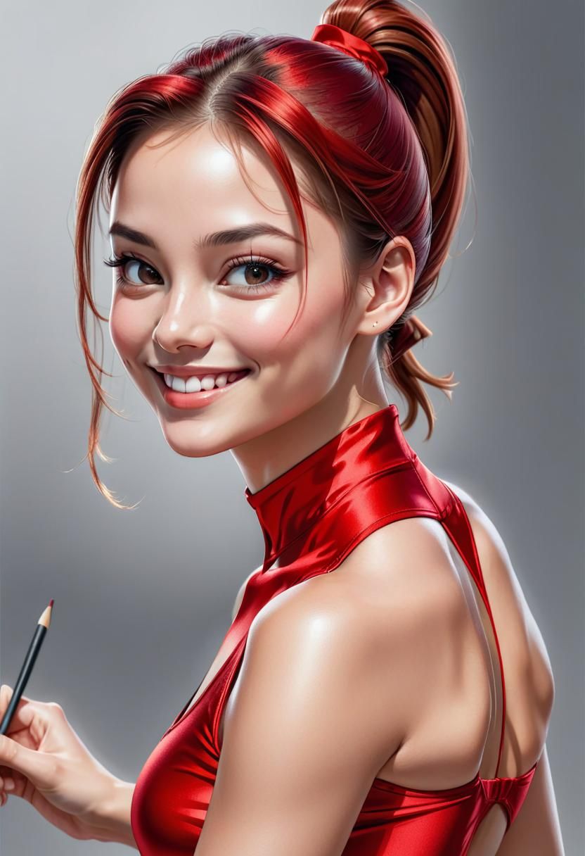Beautiful Girl in Red Silk Leotard: Photorealistic Drawing