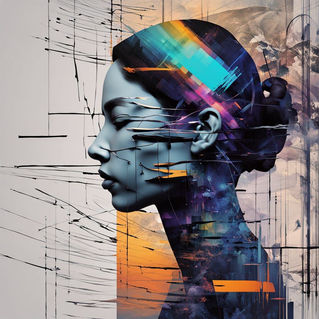 Glitch Art: Woman Veiled in Flowing Hair at Sunset