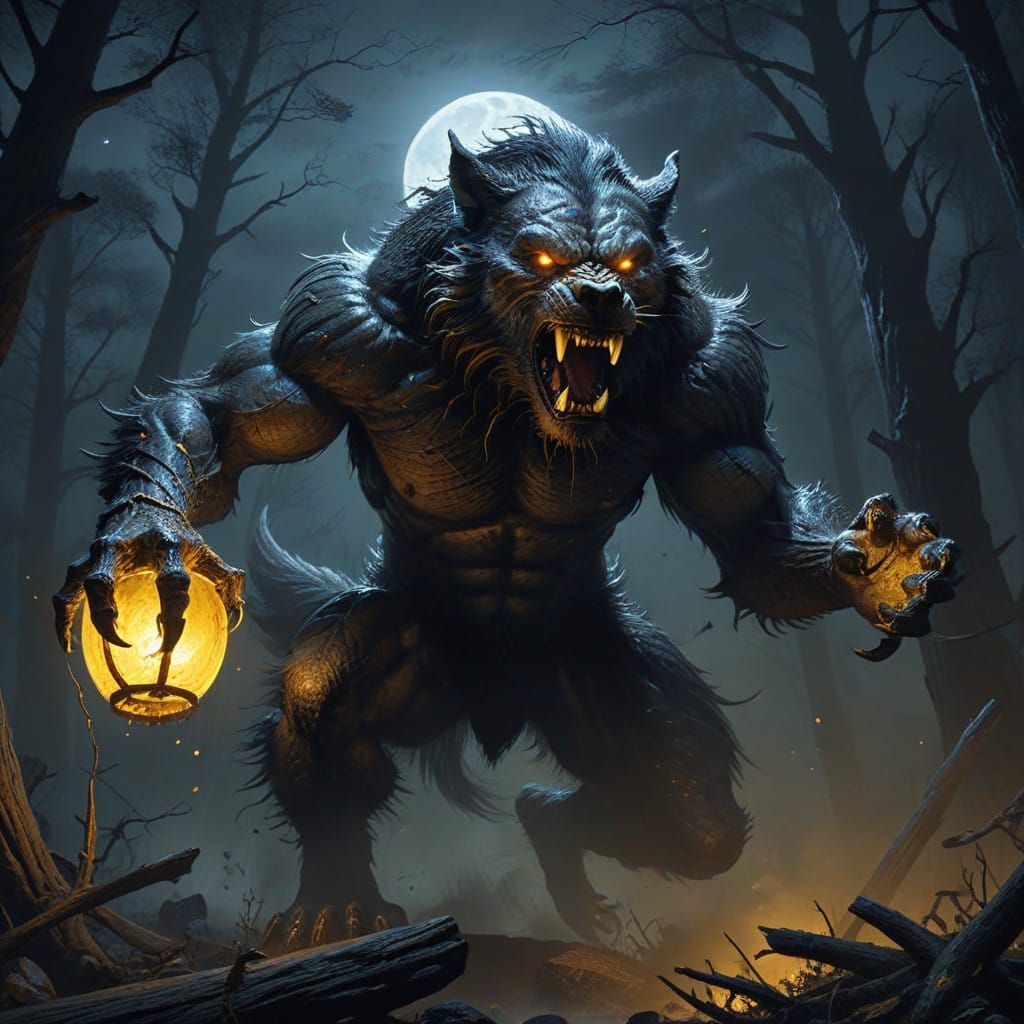 Moonlit Frenzy: A Snarling Werewolf in Mid-Leap