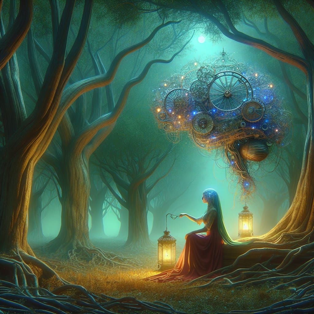 Surreal Woman with Clock Brain in Fantasy Forest